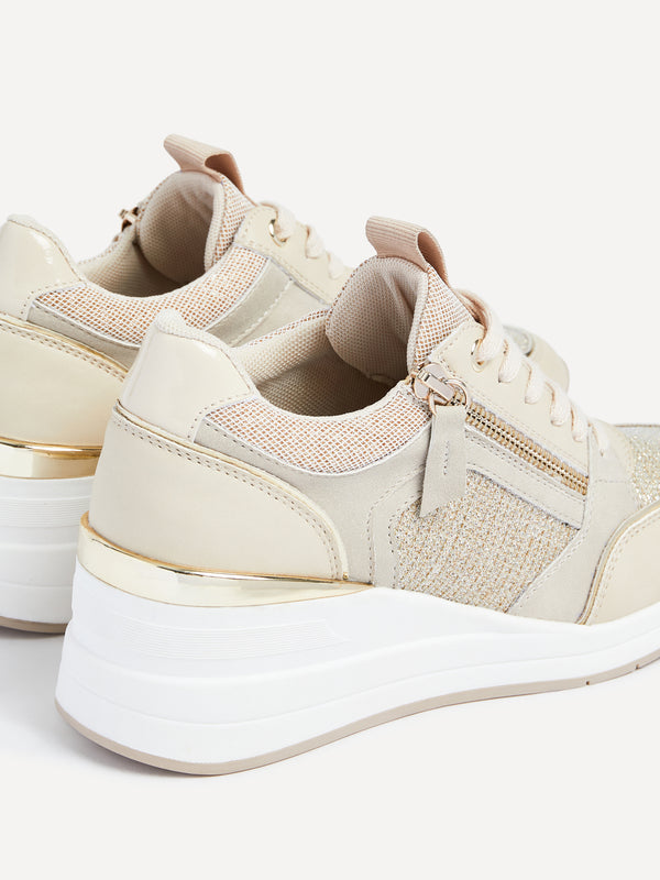 Linzi Gold & Nude Wedged Trainer With Zip Detail