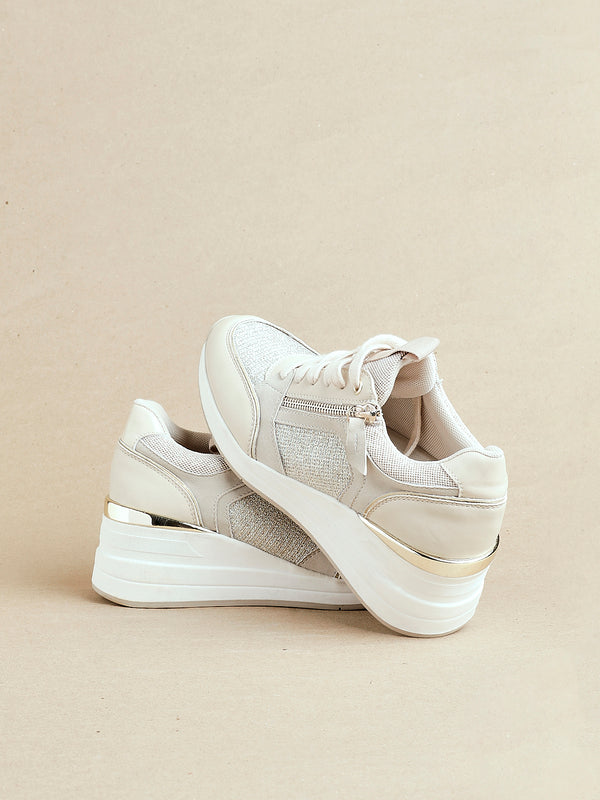linzi Gold & Nude Wedged Trainer With Zip Detail