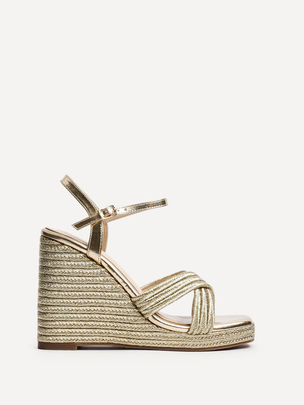Linzi Gold Rope Crossover Platform Wedge