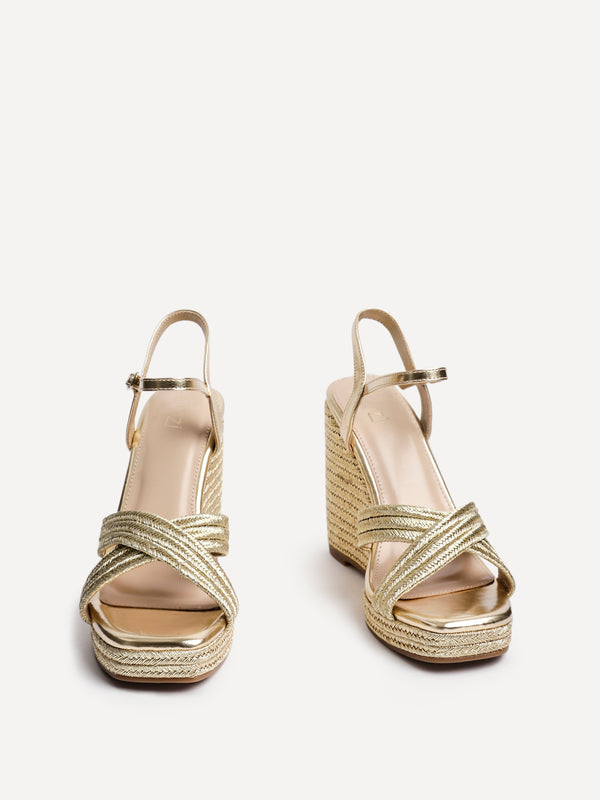 Linzi Gold Rope Crossover Platform Wedge