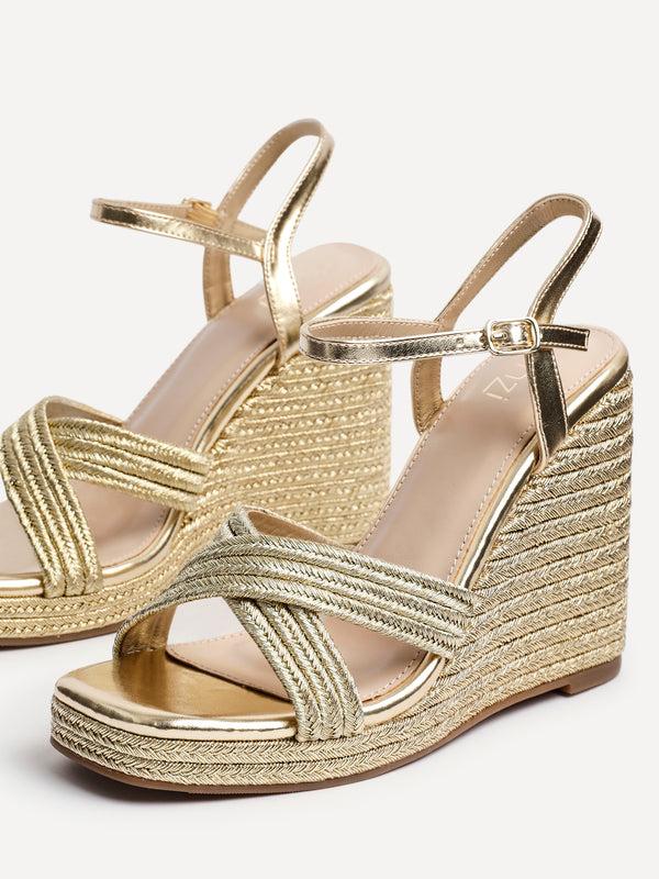 Linzi Gold Rope Crossover Platform Wedge