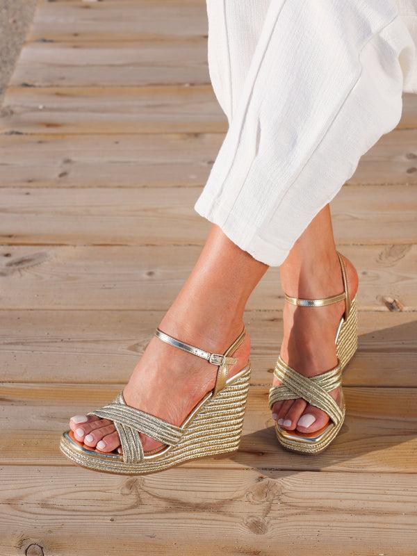 linzi Gold Rope Crossover Platform Wedge