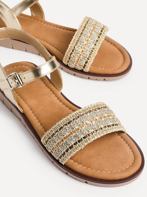 Linzi Gold Weaved Embellished Flat Sandals