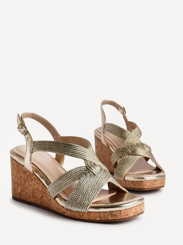 Linzi Gold Woven Design Cork Wedges