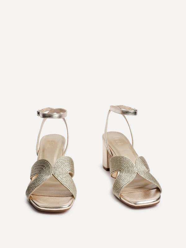 Linzi Gold Woven Loop Design Block Heeled Sandals