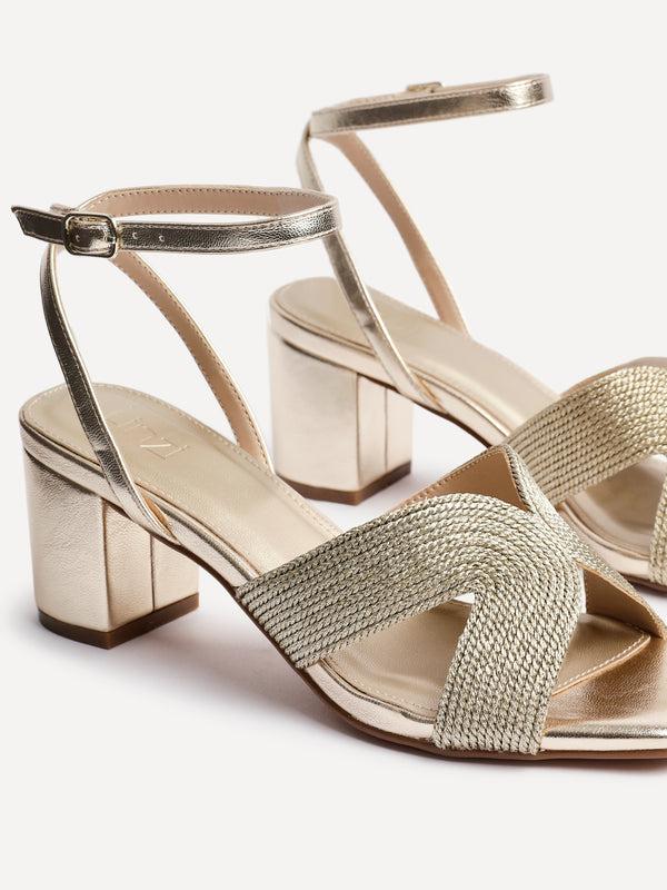 Linzi Gold Woven Loop Design Block Heeled Sandals