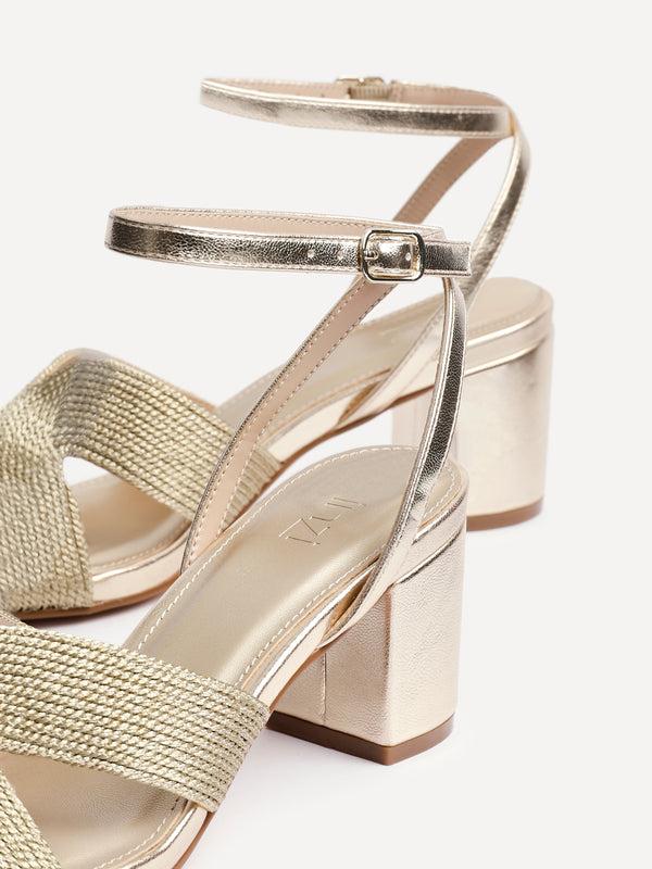 Linzi Gold Woven Loop Design Block Heeled Sandals