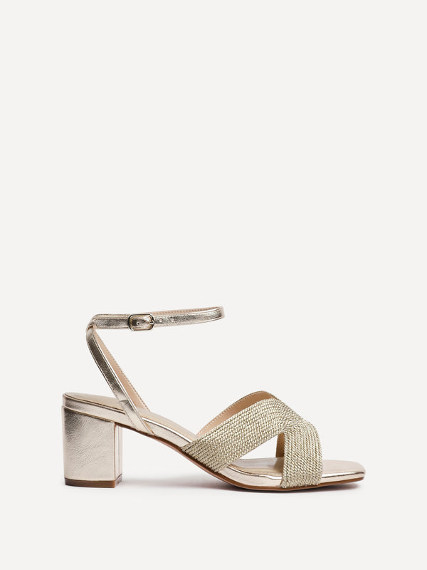 linzi Gold Woven Loop Design Block Heeled Sandals