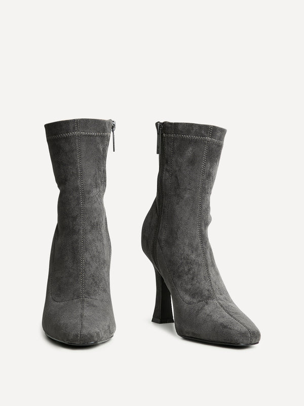 Linzi Grey Faux Suede Square Toe Heeled Sock Boot