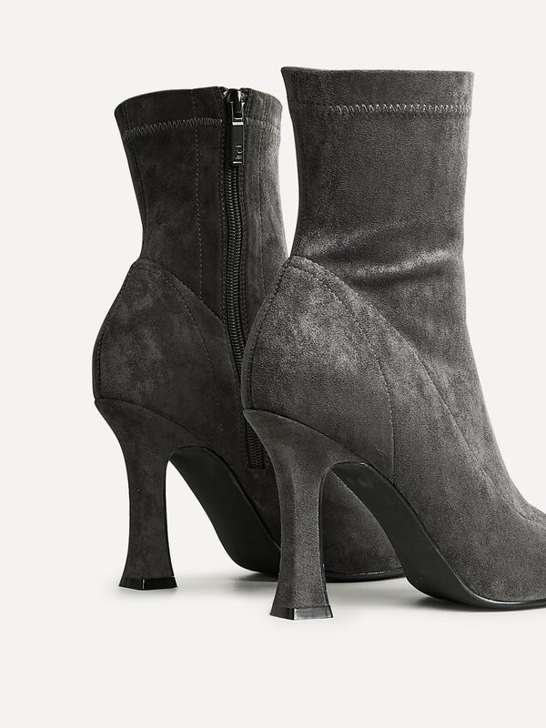Linzi Grey Faux Suede Square Toe Heeled Sock Boot