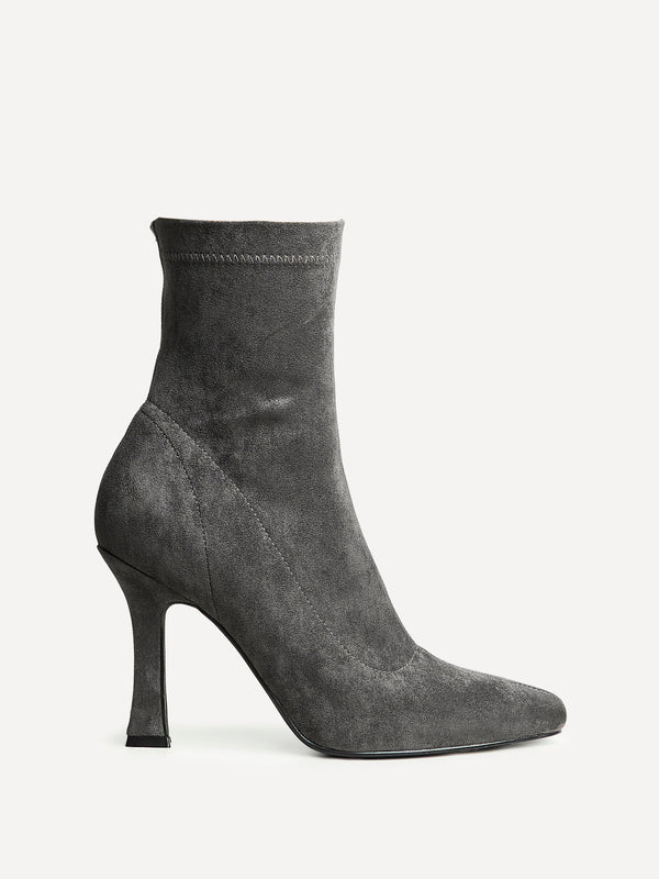 Linzi Grey Faux Suede Square Toe Heeled Sock Boot