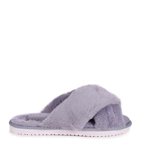 Linzi Grey Fluffy Crossover Slippers