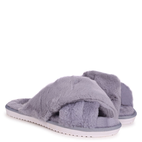 Linzi Grey Fluffy Crossover Slippers