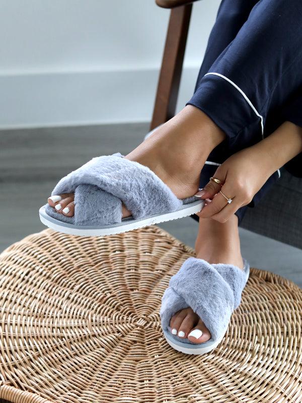 linzi Grey Fluffy Crossover Slippers