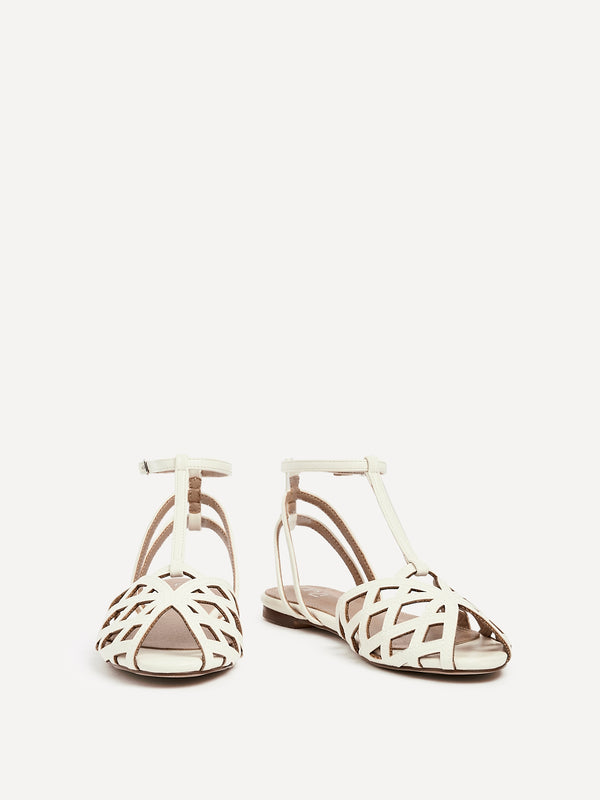 Linzi Ivory Faux Leather Caged Flat Sandal