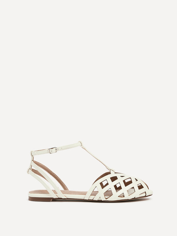Linzi Ivory Faux Leather Caged Flat Sandal
