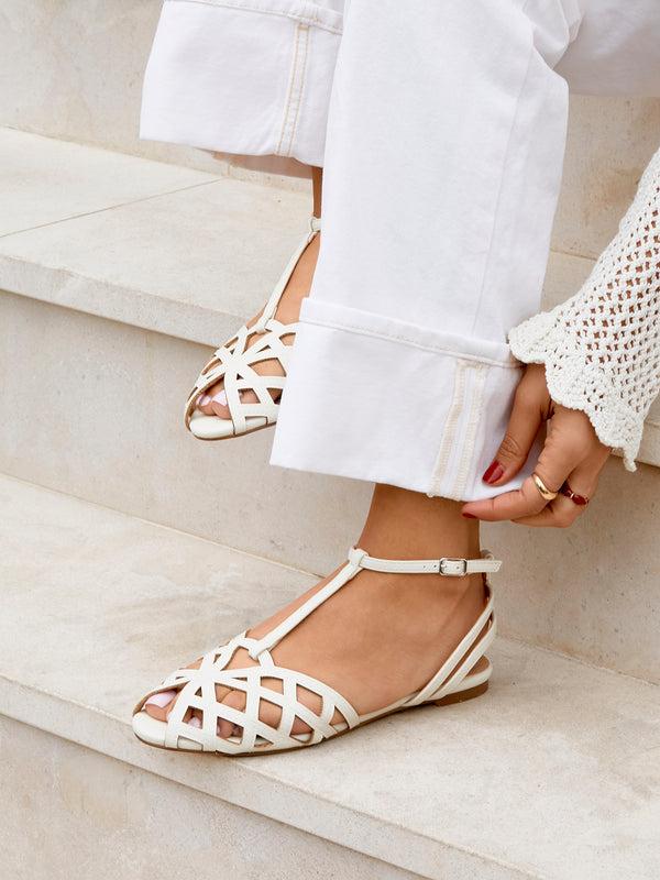 linzi Ivory Faux Leather Caged Flat Sandal