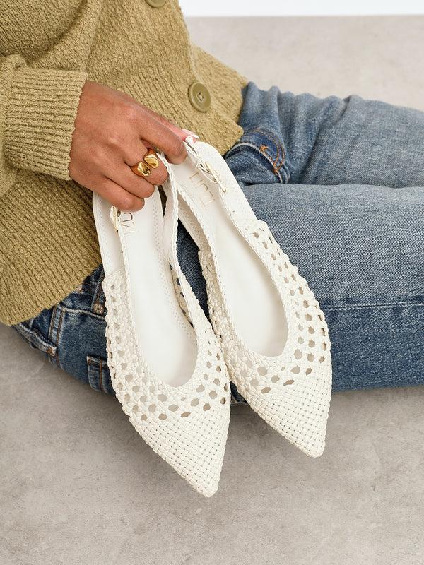 linzi Ivory Faux Leather Woven Ballet Flats