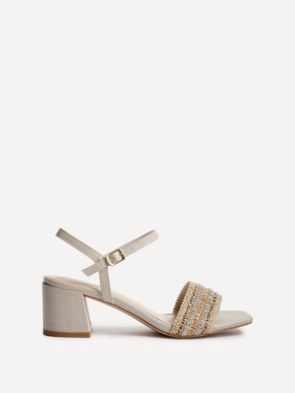 Linzi Ivory Raffia Diamante Block Heeled Sandal