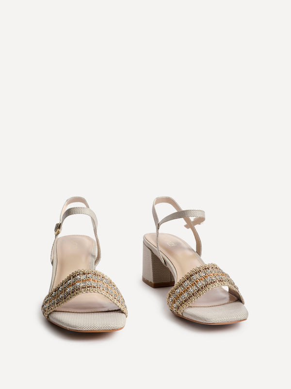Linzi Ivory Raffia Diamante Block Heeled Sandal
