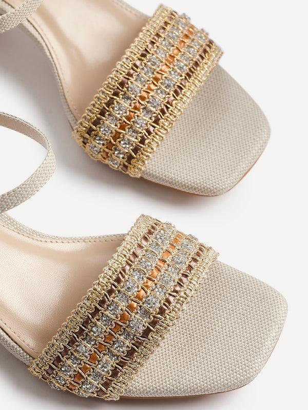 Linzi Ivory Raffia Diamante Block Heeled Sandal