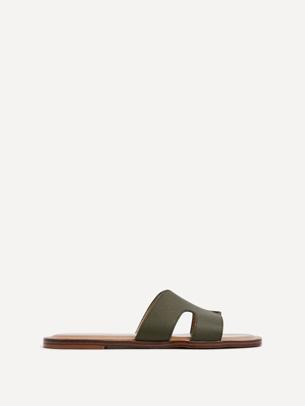 Linzi Khaki Faux Leather Link Design Flat Sandal