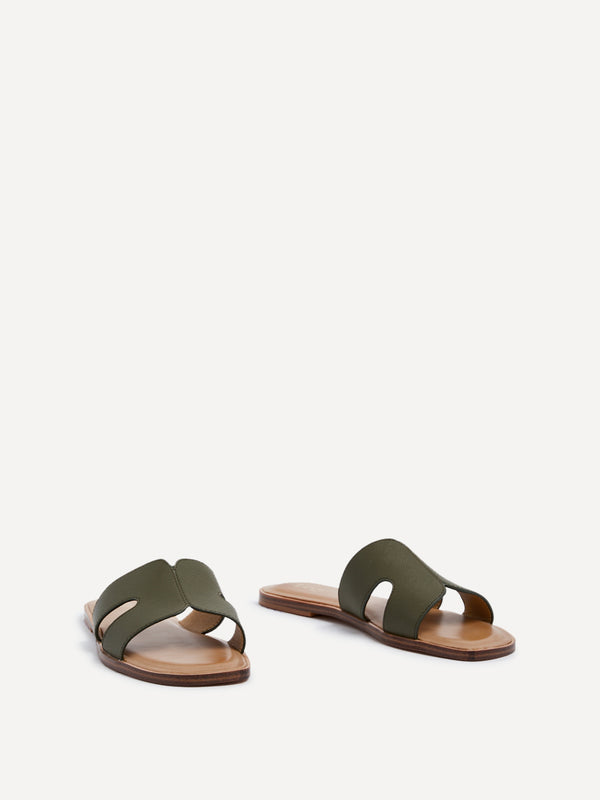 Linzi Khaki Faux Leather Link Design Flat Sandal