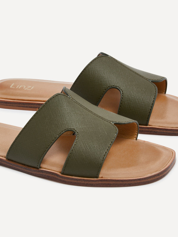 Linzi Khaki Faux Leather Link Design Flat Sandal