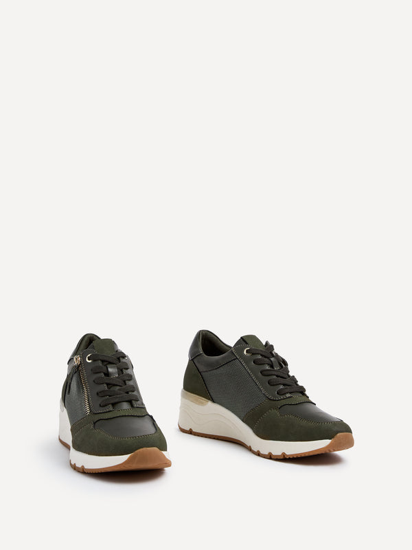 Linzi Khaki Wedge Trainer With Mesh & Zip Detail
