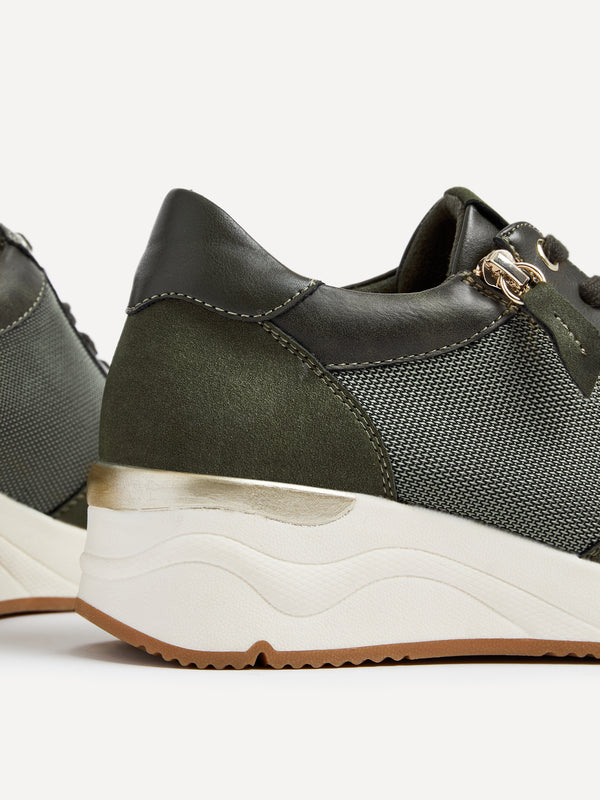 Linzi Khaki Wedge Trainer With Mesh & Zip Detail