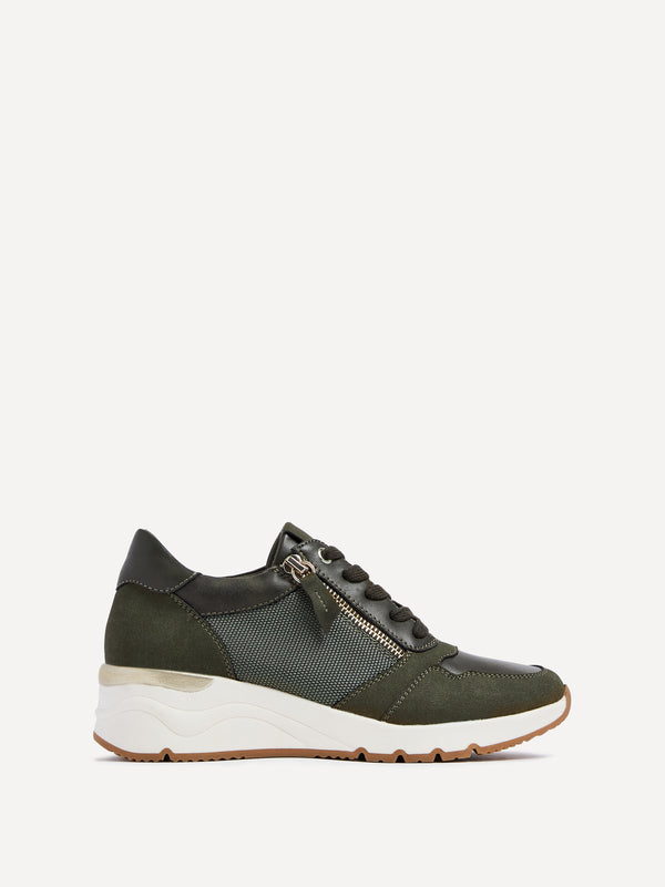 linzi Khaki Wedge Trainer With Mesh & Zip Detail