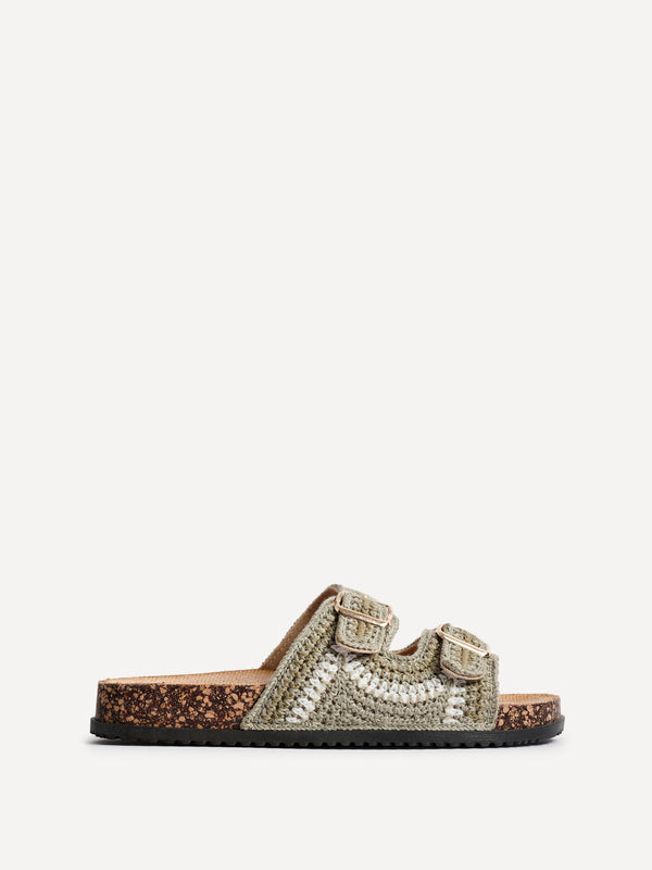 Linzi Khaki Woven Double Buckle Footbed Sandal