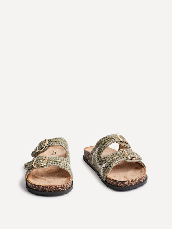 Linzi Khaki Woven Double Buckle Footbed Sandal