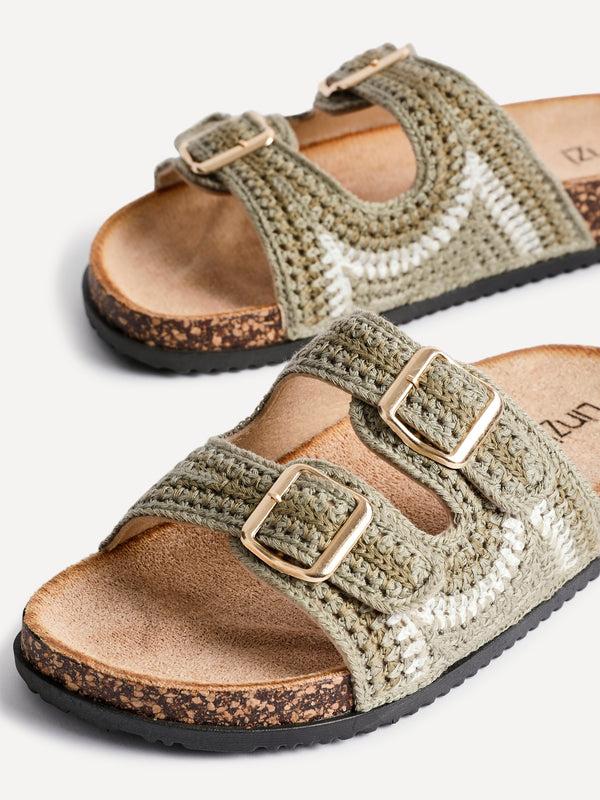 Linzi Khaki Woven Double Buckle Footbed Sandal