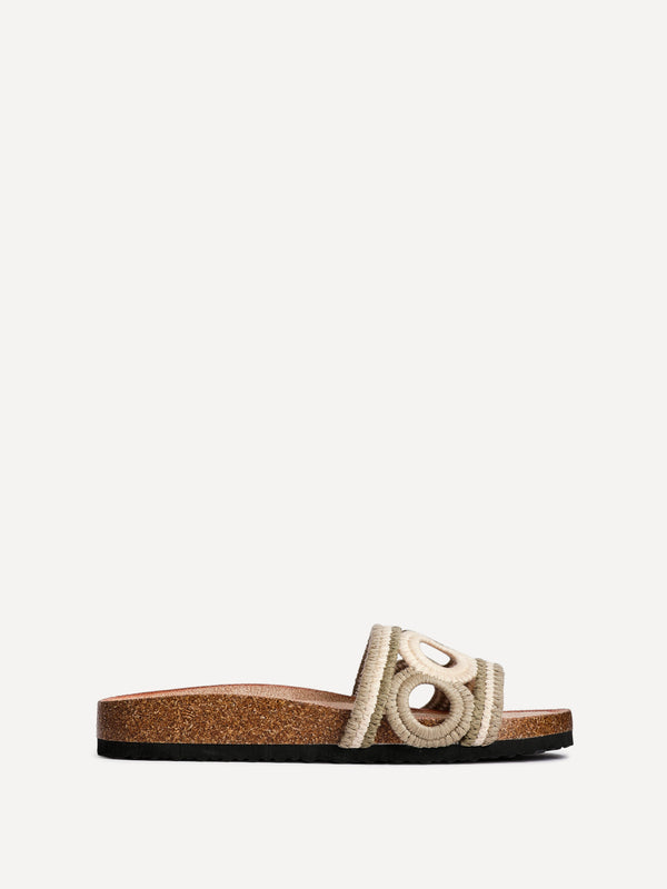 Linzi Khaki Woven Footbed Flat Slider Sandals