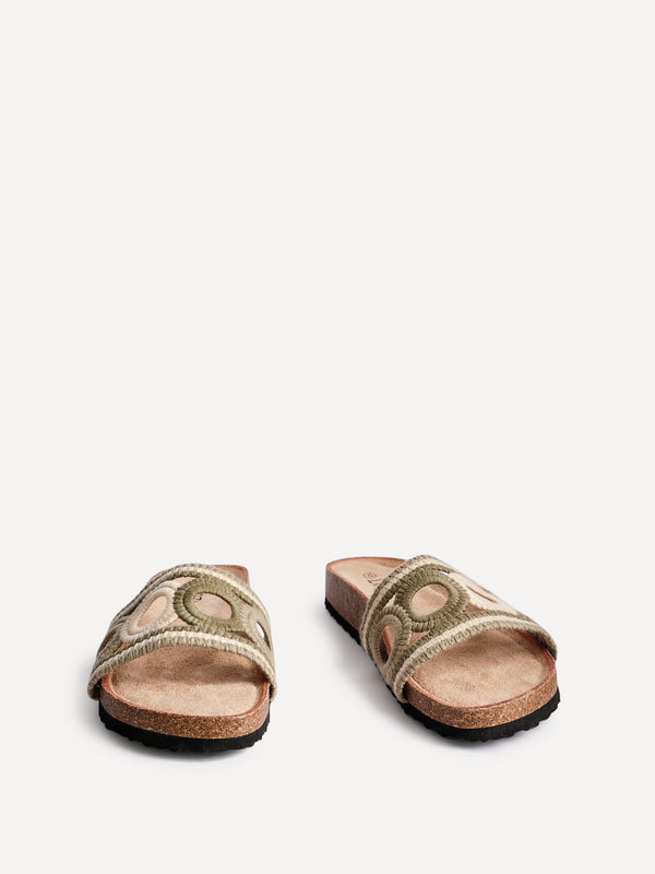 Linzi Khaki Woven Footbed Flat Slider Sandals
