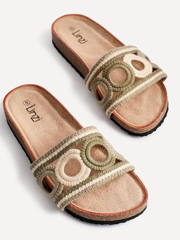 Linzi Khaki Woven Footbed Flat Slider Sandals