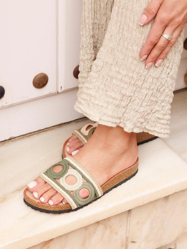 linzi Khaki Woven Footbed Flat Slider Sandals