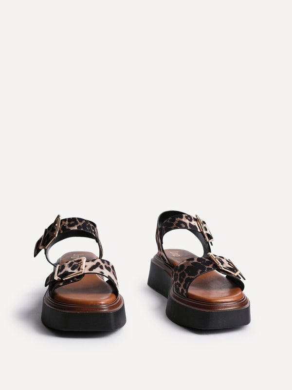 Linzi Leopard Flatform Sandals With Buckle Straps
