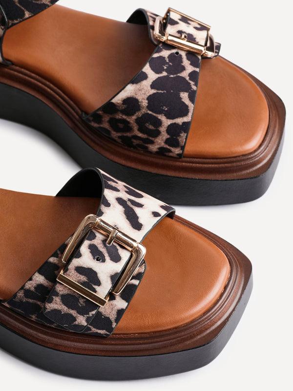 Linzi Leopard Flatform Sandals With Buckle Straps