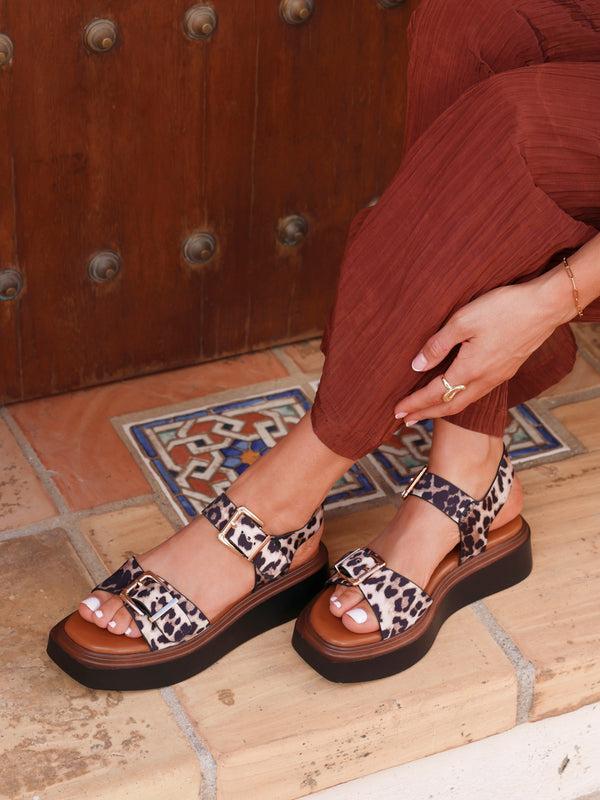 linzi Leopard Flatform Sandals With Buckle Straps