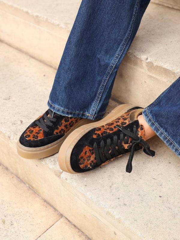 linzi Leopard Print Lace Up Flatform Trainers
