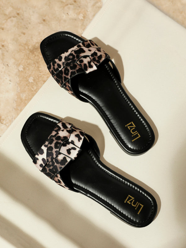 linzi Leopard Print Slider With Woven Front Strap