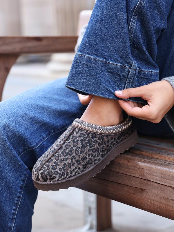 linzi Leopard Print Slipper With Aztec Detail