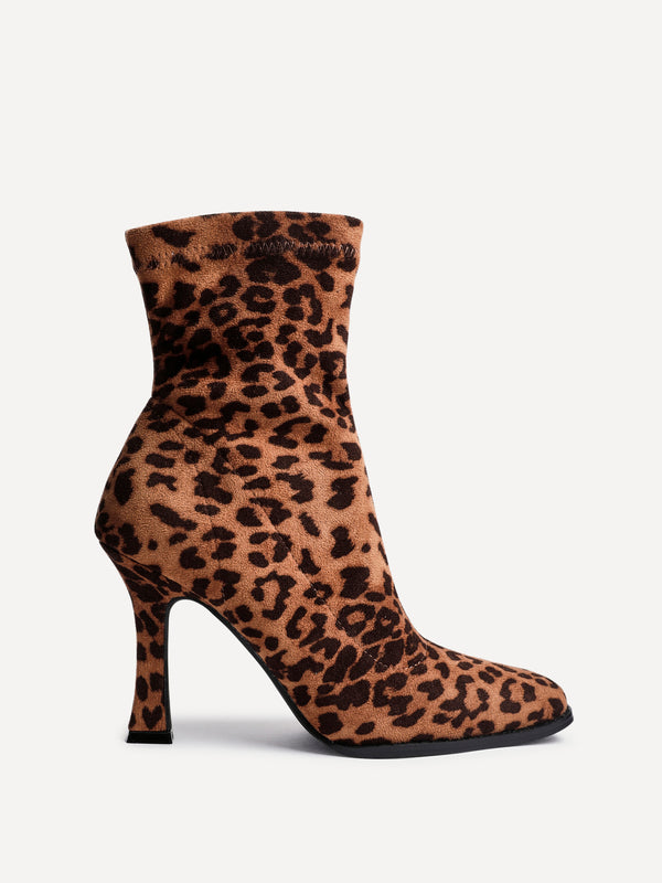 Linzi Leopard Print Square Toe Heeled Sock Boot