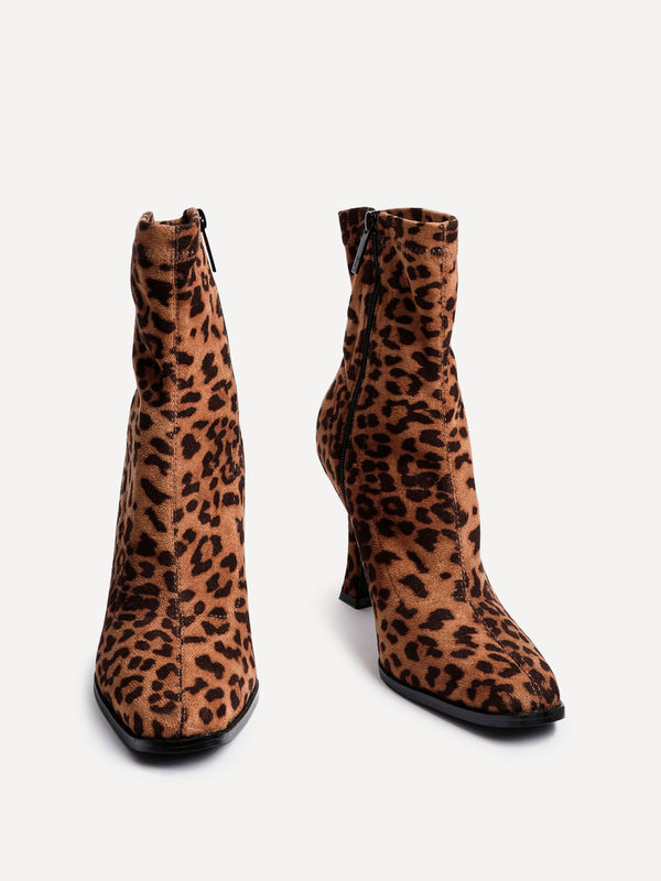 Linzi Leopard Print Square Toe Heeled Sock Boot