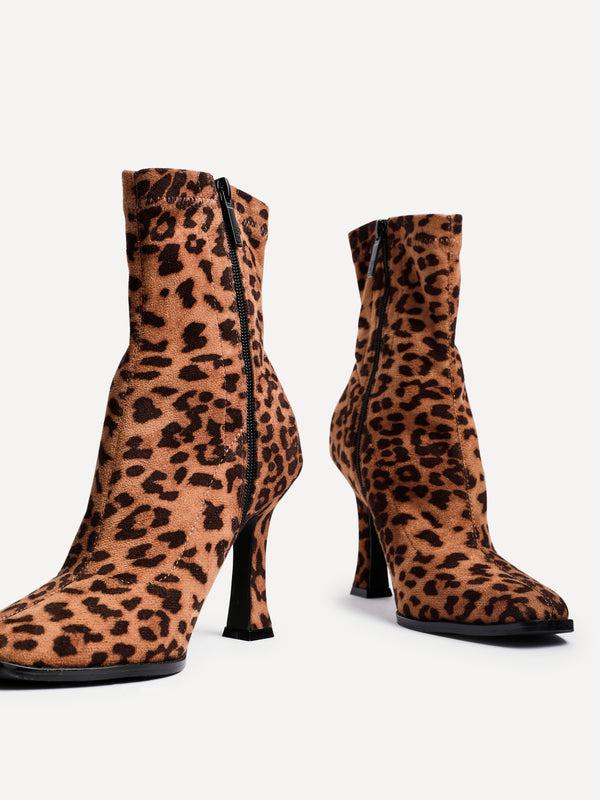 Linzi Leopard Print Square Toe Heeled Sock Boot