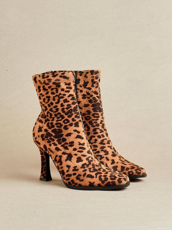 linzi Leopard Print Square Toe Heeled Sock Boot