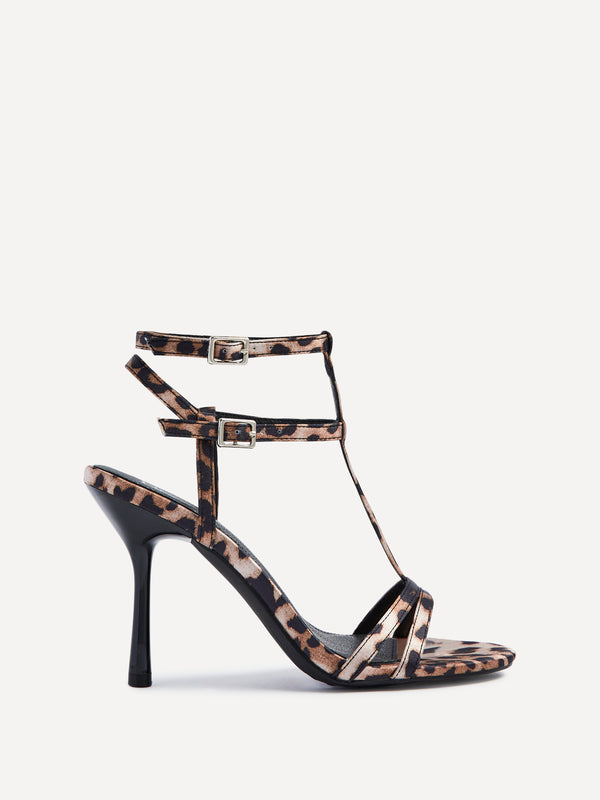 Linzi Leopard Print T-Bar Strappy Stiletto Heels