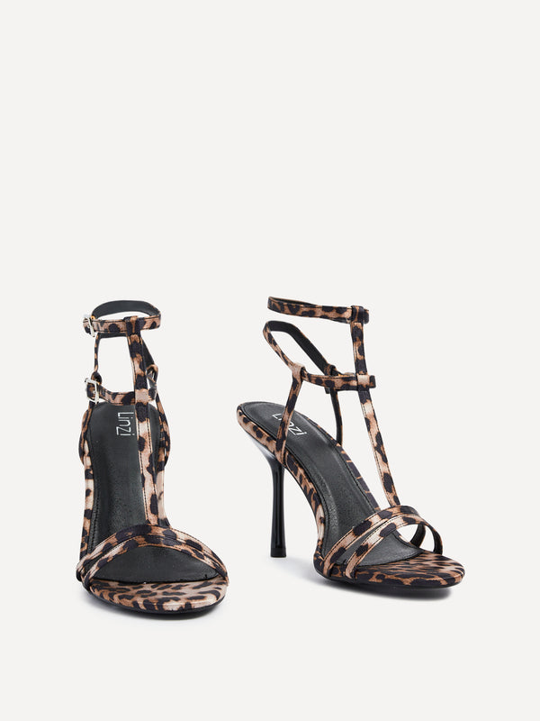 Linzi Leopard Print T-Bar Strappy Stiletto Heels